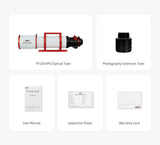 ZWO FF110 APO box contents: optical tube, photography extension tube, user manual, inspection sheet and warranty card